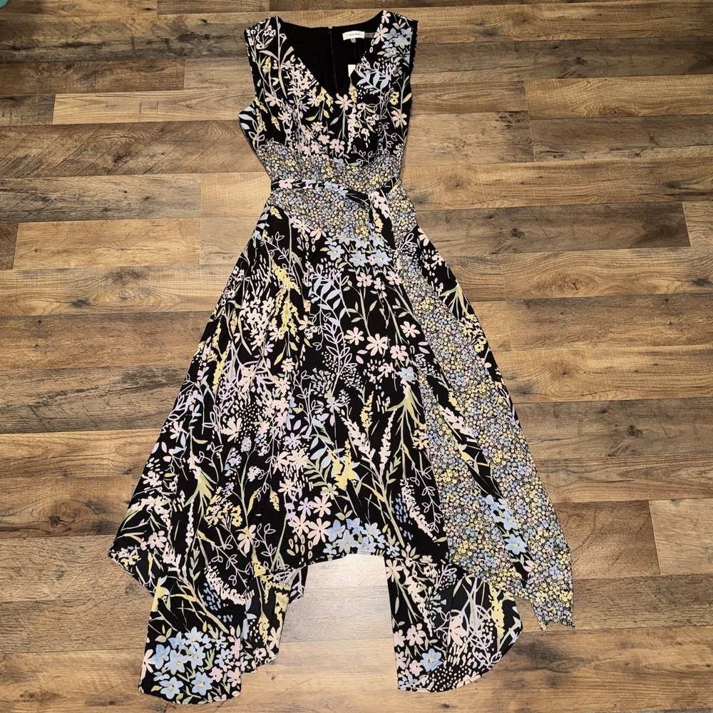 Calvin Klein Black with Pastel Florals Sleeveless Fit and Flare Dress Size 14